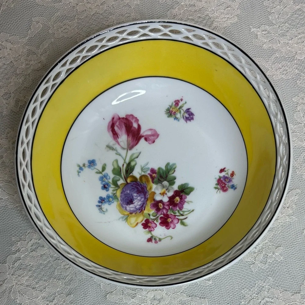 Vintage Floral Bowl Bavaria Serving Dish Cottage Rose Flower Cut Out Pink White